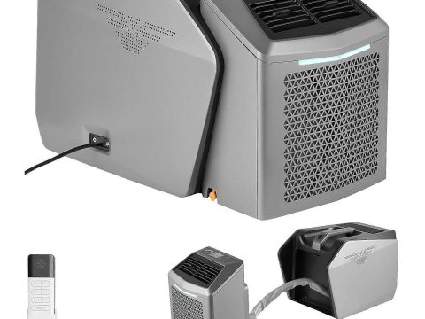 Aire acondicionado de camping portátil 4850 BTU, mando a distancia y controles táctiles, temperatura regulable hasta 1632 °C, caudal de aire de 200 m³/h, para autocaravana, gris oscuro