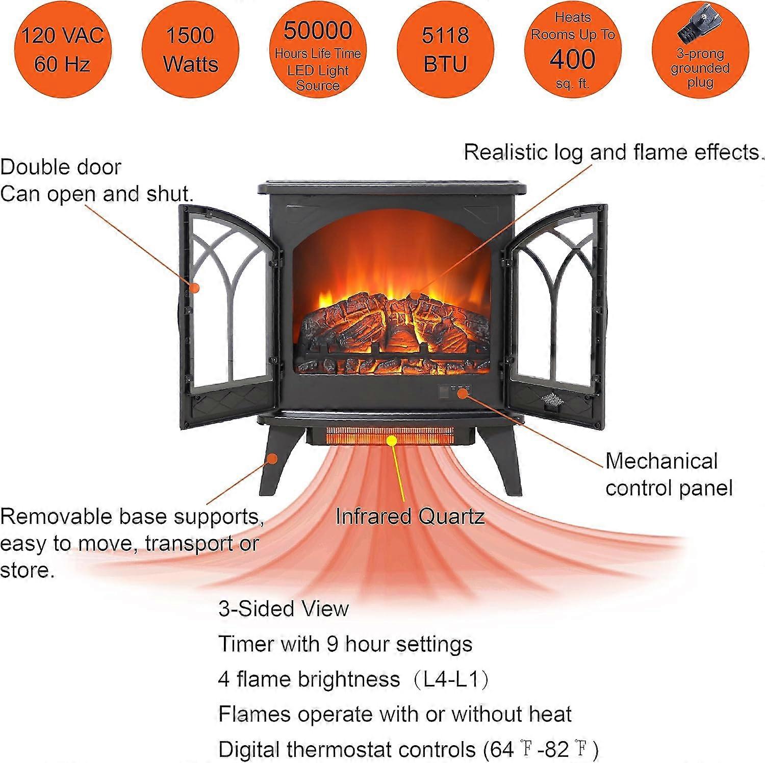 Chimenea eléctrica calefactora de 24 pulgadas con mando a distancia, cuarzo infrarrojo, 1500W, certificada CSA UL - Imagen 4
