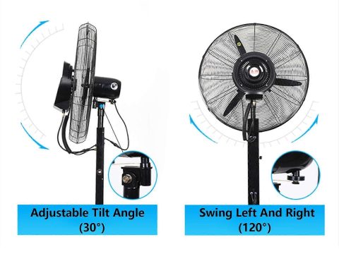 Ventilador de pie industrial 550mm 22in con depósito de agua de 11 galones, refrigeración por velocidad, oscilación de 120°