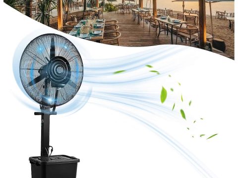 Ventilador nebulizador industrial de 76 cm (30 pulgadas) con depósito de 42 litros (11 galones), oscilación de 120° y 3 velocidades, ideal para terraza o garaje.