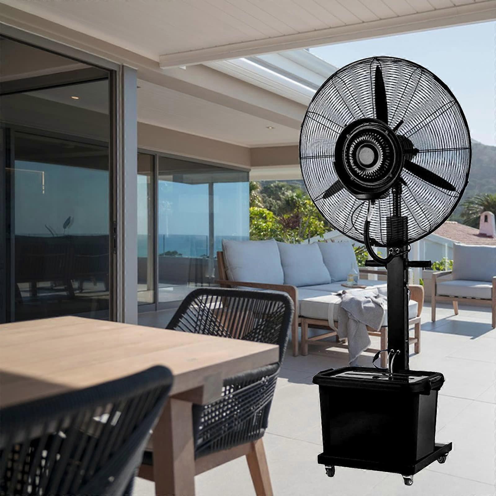 Ventilador de pie nebulizador de exterior de 66 cm (26 pulgadas) con nebulización fina, refrigeración de largo alcance, aspas resistentes al óxido