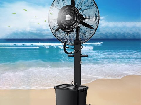 Ventilador nebulizador industrial de amplia oscilación, base de 65 cm, refrigeración por niebla fina para almacén exterior