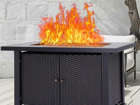 Mesa con brasero de propano de 44 pulgadas, brasero de gas de exterior de 50000 BTU con llama regulable, estructura de acero y funda impermeable para patio, terraza y jardín