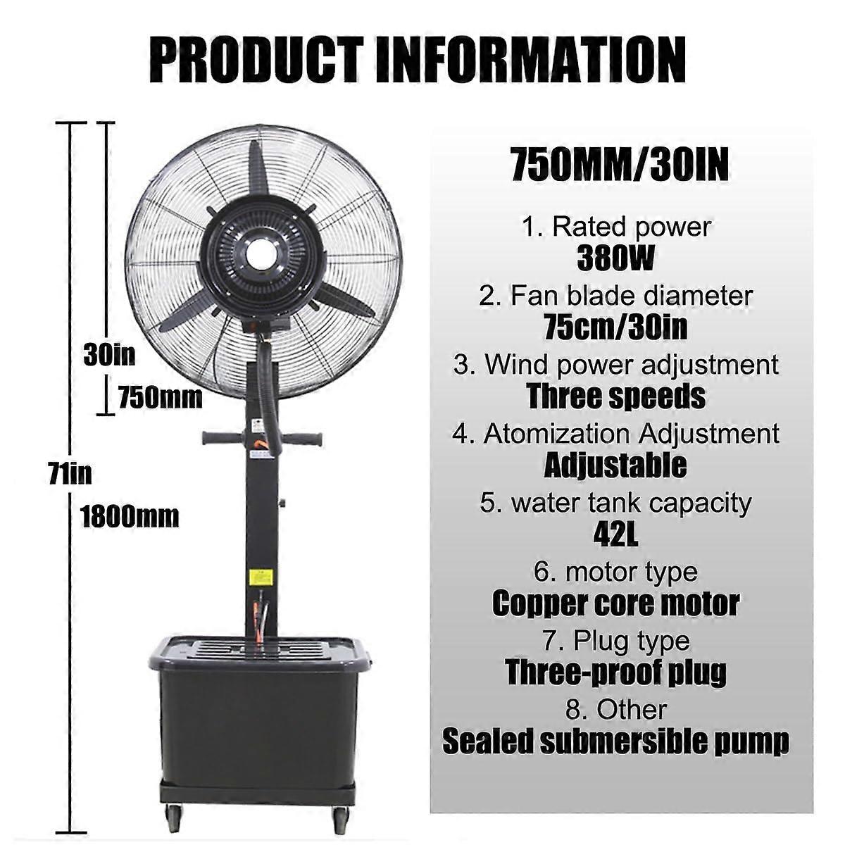 Ventilador nebulizador de exterior 750 mm, ventilador de pie industrial de 30 pulgadas con 3 velocidades y oscilación de 90° - Imagen 5