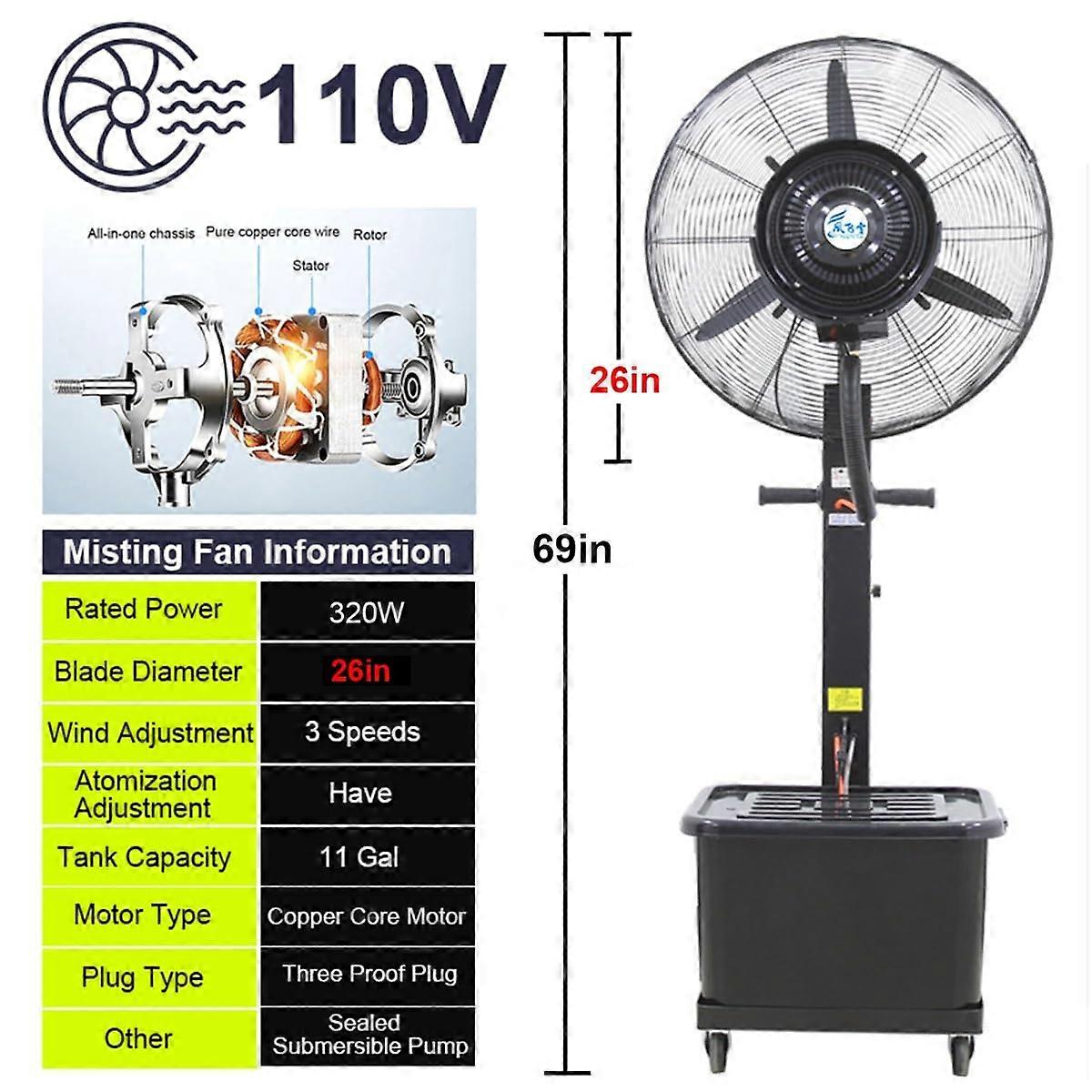Ventilador nebulizador de pie para exterior de 66 cm (26 pulgadas) con depósito de 42 litros (11 galones) para terraza, restaurante, garaje, taller - Imagen 2