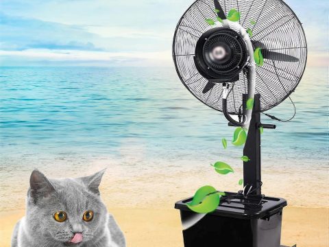 Ventilador nebulizador de pie de exterior de 29.5in con depósito de agua, viento superpotente para refrescar patio y jardín trasero