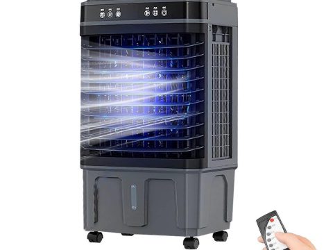 Climatizador evaporativo industrial con mando a distancia, ventilador de agua de 3 velocidades, depósito de 38 litros, temporizador de 12 h para uso doméstico, de oficina y comercial