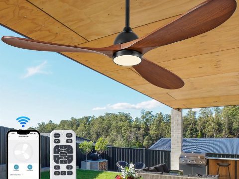 Ventilador de techo de 52 pulgadas con luz y mando a distancia, aplicación inteligente y control por voz, nogal oscuro para terraza