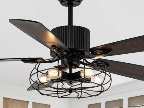 Ventilador de techo estilo granja de 52 pulgadas con luces y mando a distancia, diseño rústico con jaula, aspas reversibles