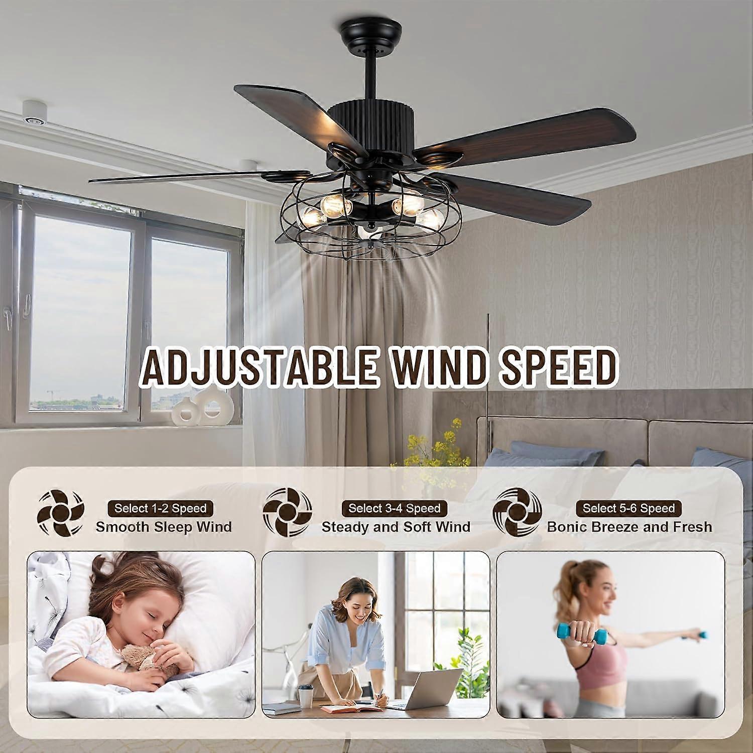 Ventilador de techo estilo granja de 52 pulgadas con luces y mando a distancia, diseño rústico con jaula, aspas reversibles - Imagen 2