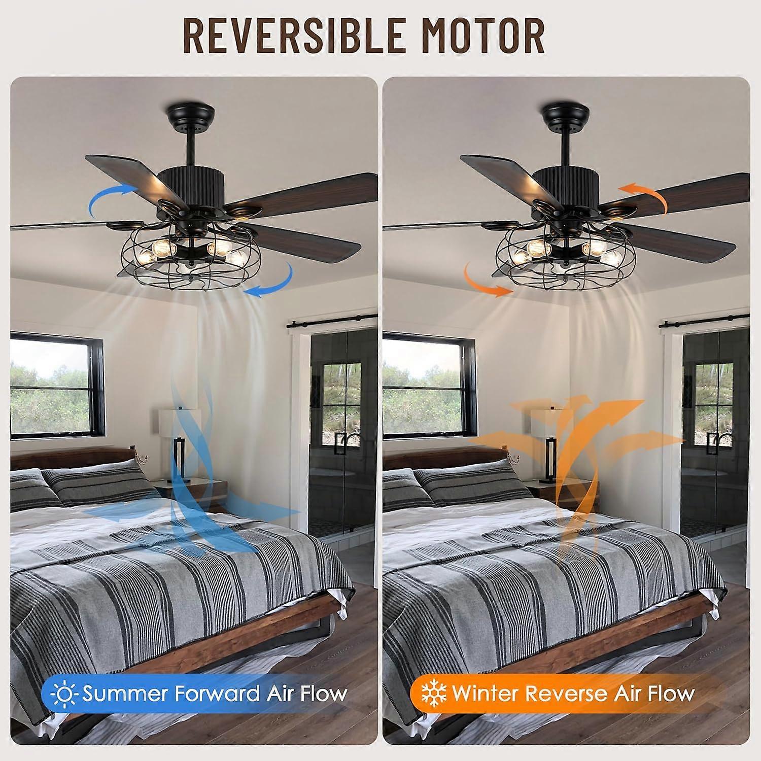Ventilador de techo estilo granja de 52 pulgadas con luces y mando a distancia, diseño rústico con jaula, aspas reversibles - Imagen 4
