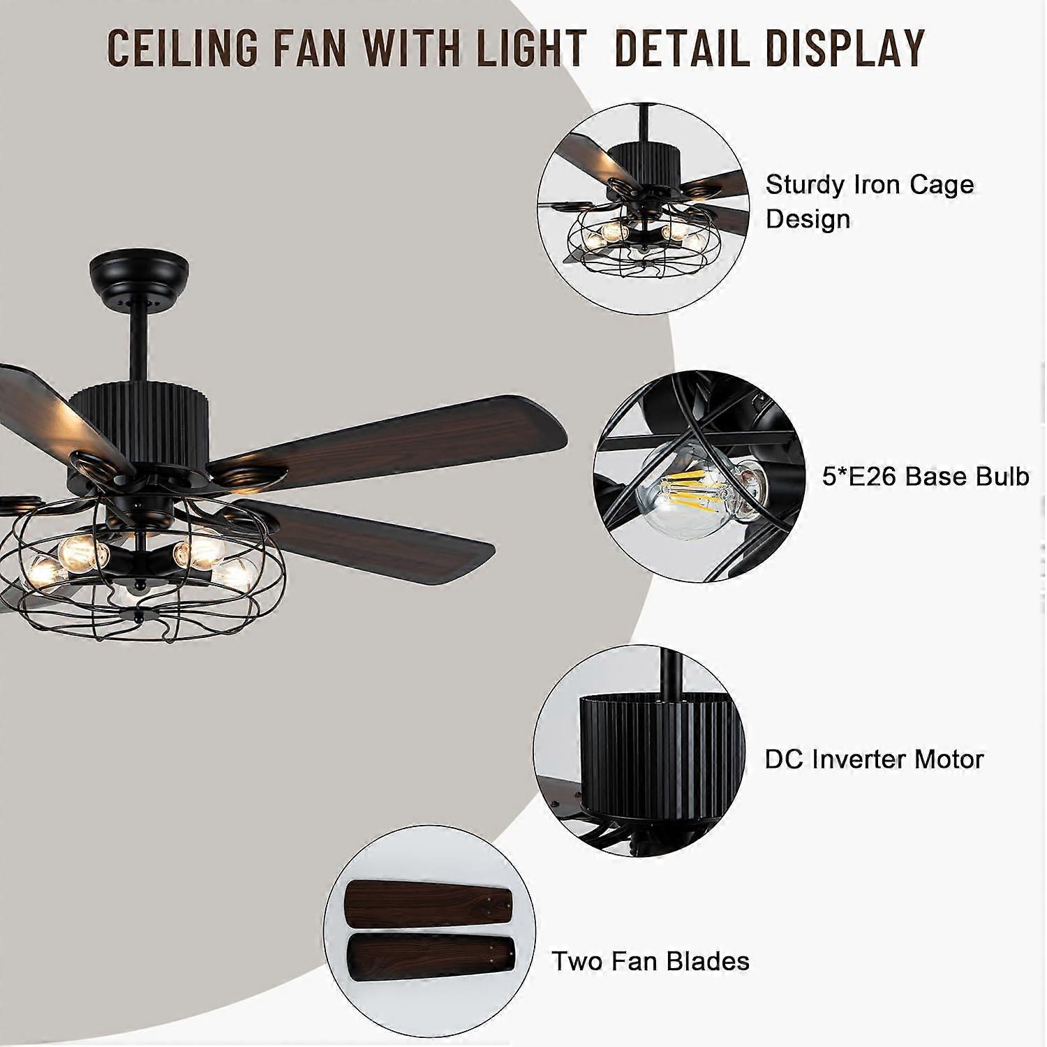 Ventilador de techo estilo granja de 52 pulgadas con luces y mando a distancia, diseño rústico con jaula, aspas reversibles - Imagen 5