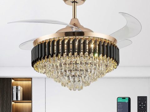 Ventilador de techo con lámpara de araña de cristal de 52 pulgadas con luces, aspas retráctiles doradas, mando a distancia y control por aplicación inteligente