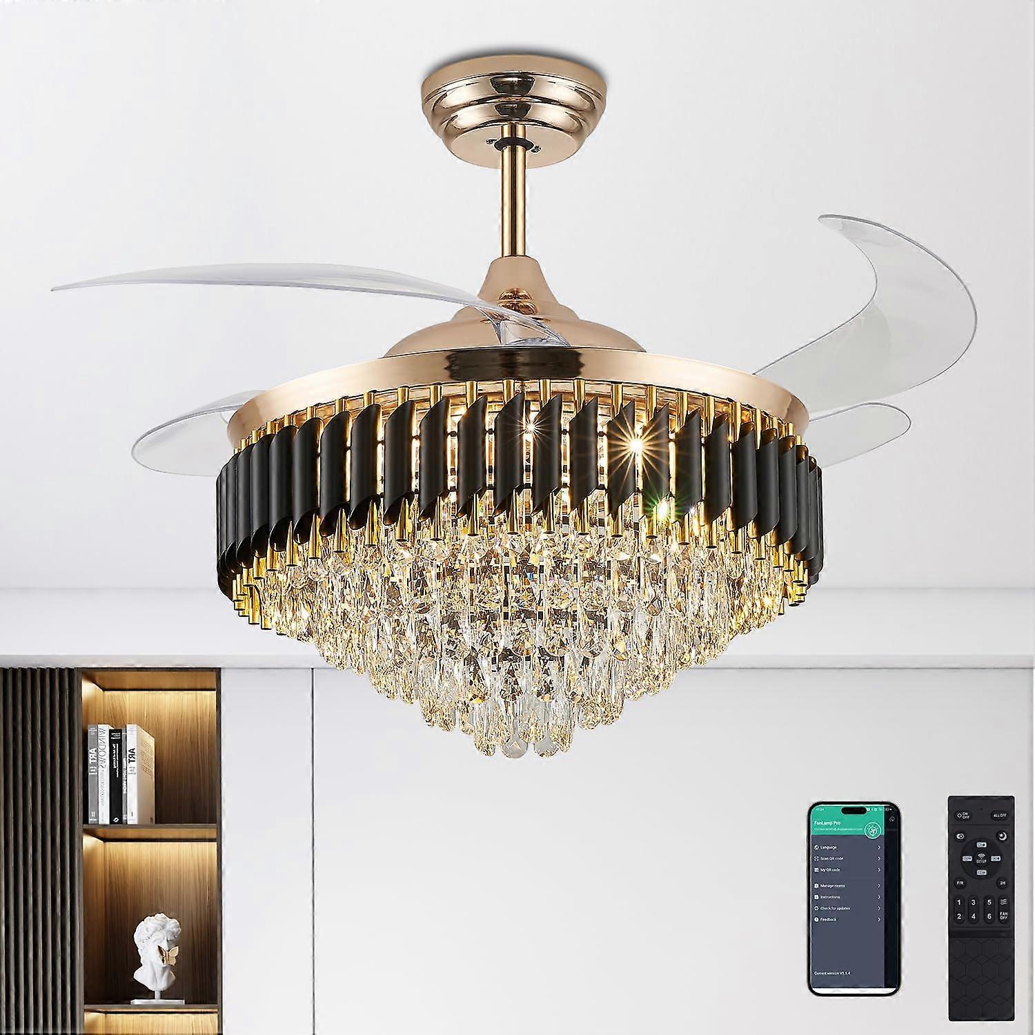 Ventilador de techo con lámpara de araña de cristal de 52 pulgadas con luces, aspas retráctiles doradas, mando a distancia y control por aplicación inteligente