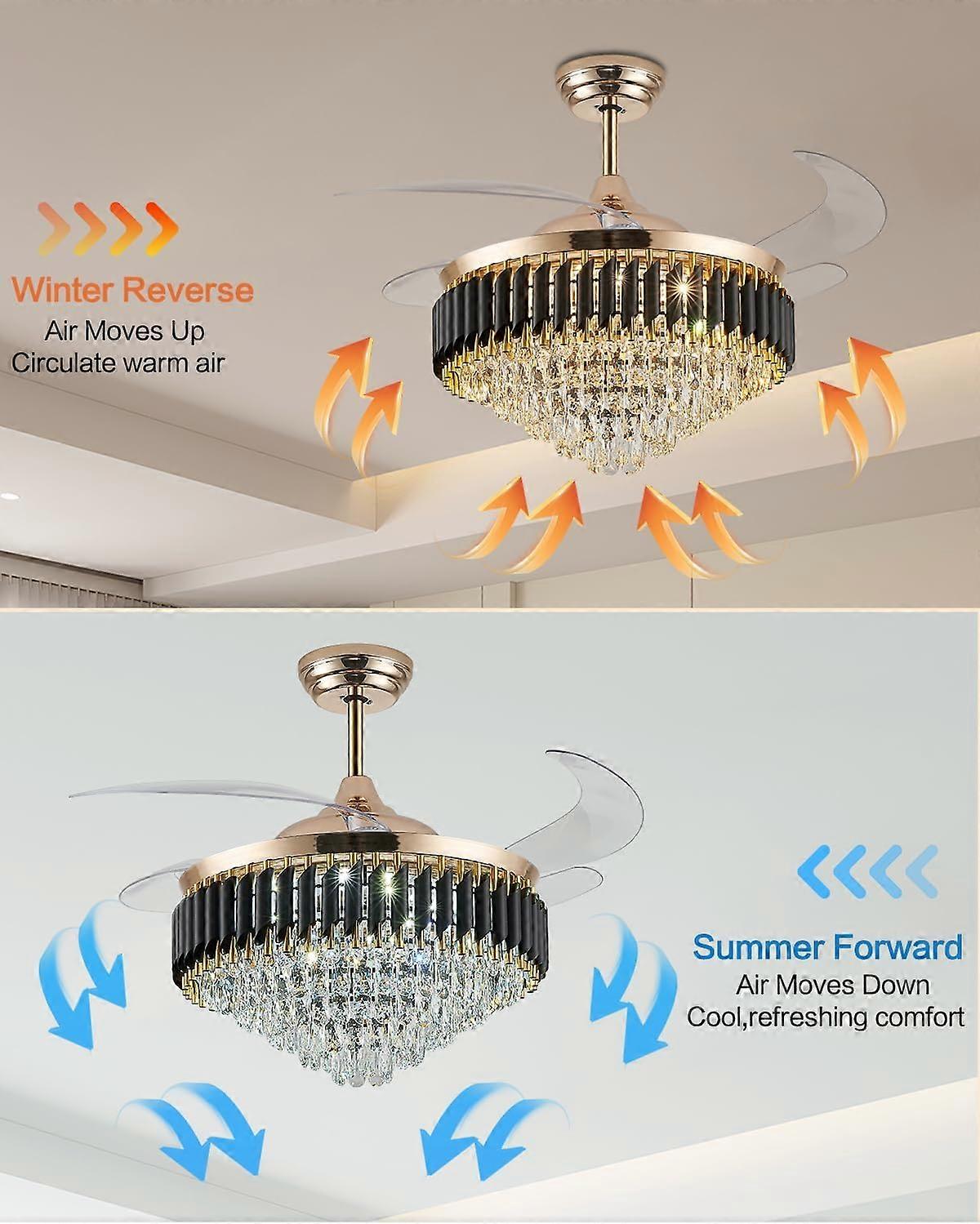 Ventilador de techo con lámpara de araña de cristal de 52 pulgadas con luces, aspas retráctiles doradas, mando a distancia y control por aplicación inteligente - Imagen 2