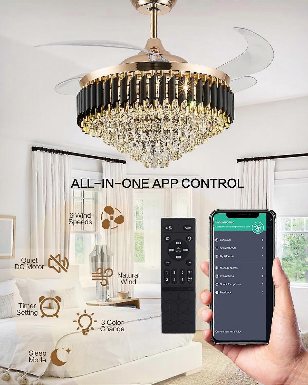 Ventilador de techo con lámpara de araña de cristal de 52 pulgadas con luces, aspas retráctiles doradas, mando a distancia y control por aplicación inteligente - Imagen 3