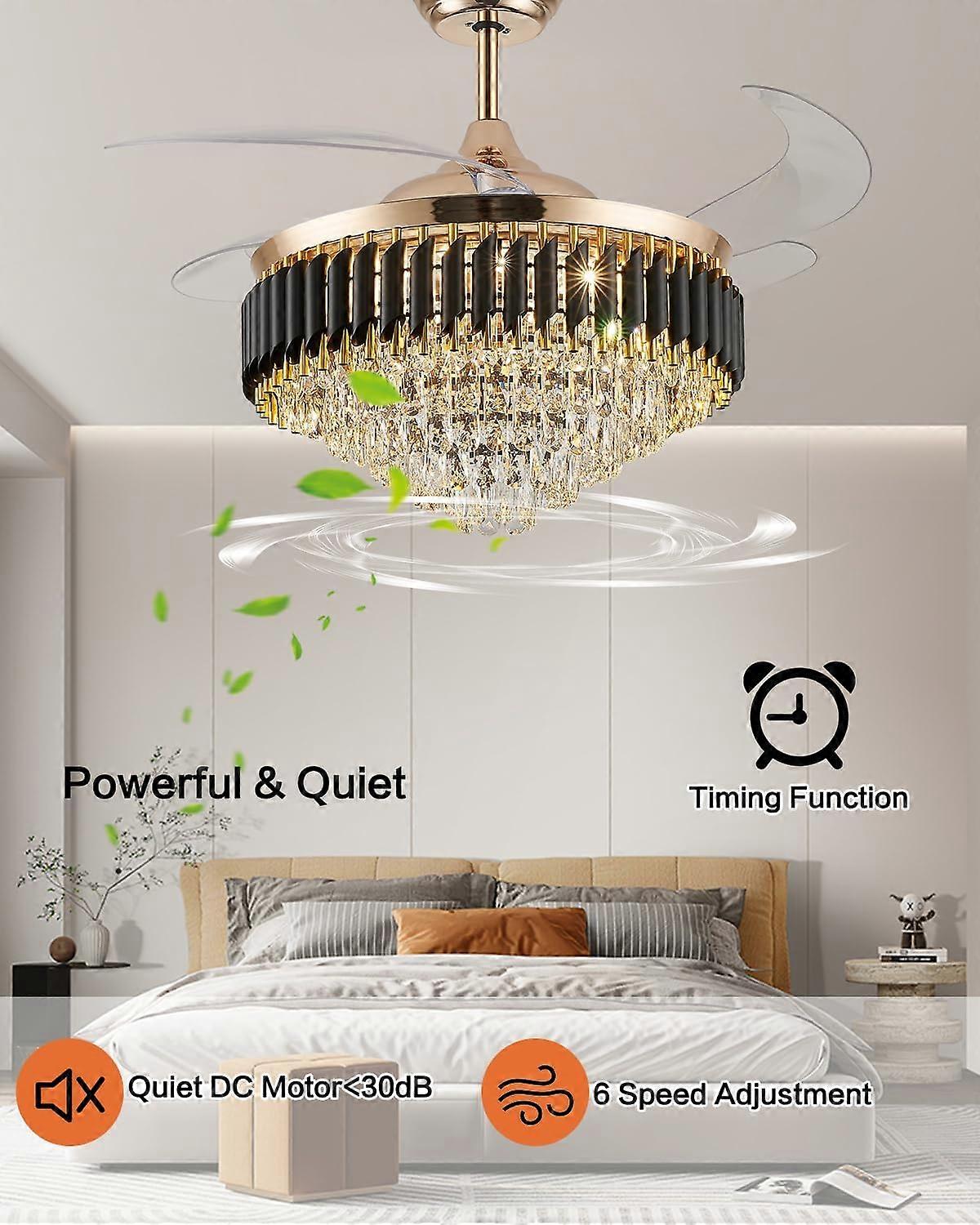 Ventilador de techo con lámpara de araña de cristal de 52 pulgadas con luces, aspas retráctiles doradas, mando a distancia y control por aplicación inteligente - Imagen 4