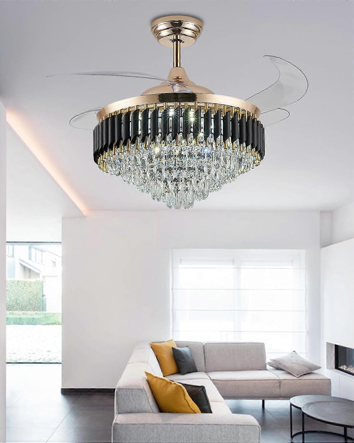 Ventilador de techo con lámpara de araña de cristal de 52 pulgadas con luces, aspas retráctiles doradas, mando a distancia y control por aplicación inteligente - Imagen 5