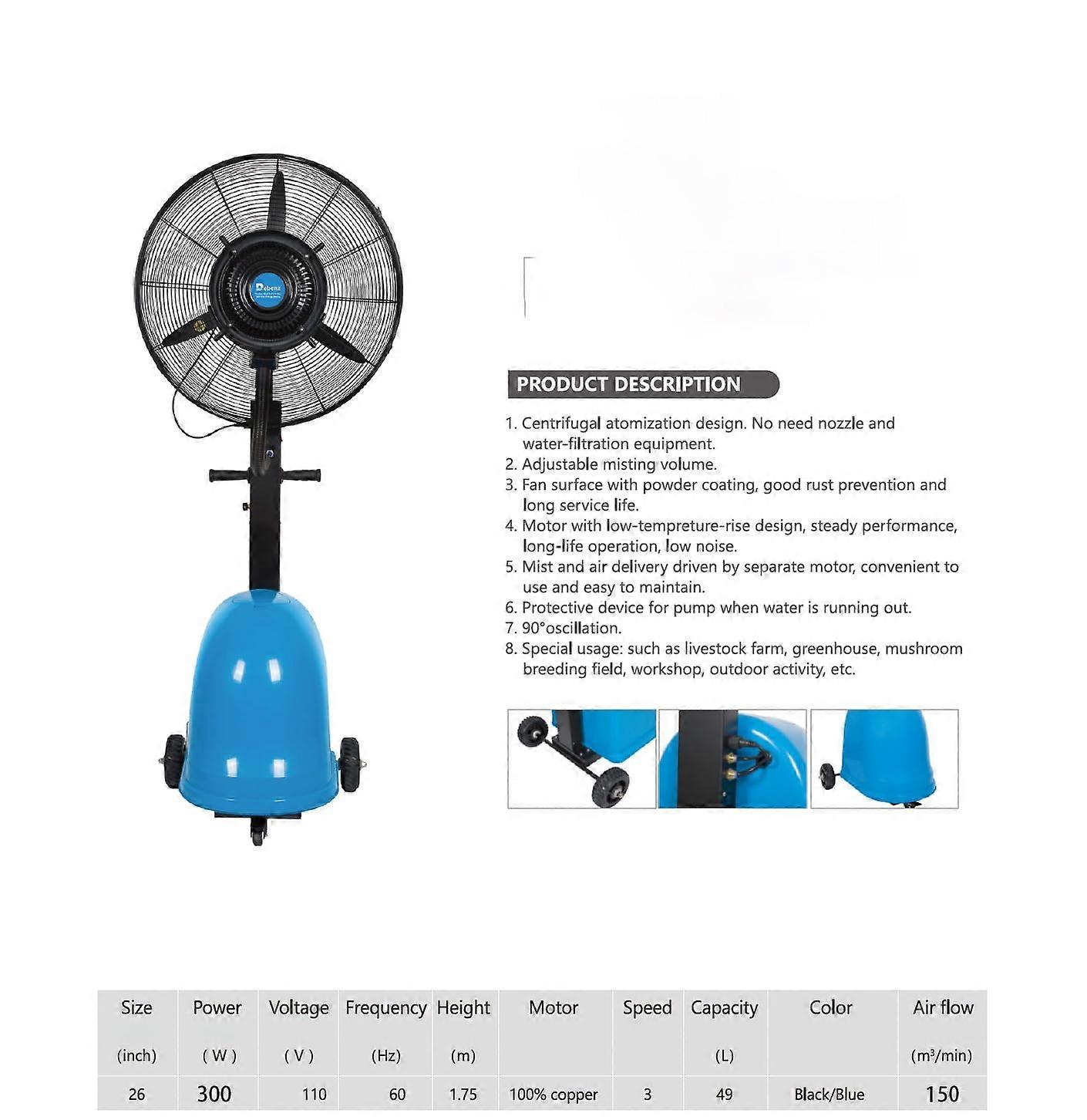 Ventilador nebulizador comercial de exterior de 26 pulgadas con depósito de agua de 55L, 12 h de funcionamiento para grandes superficies - Imagen 2