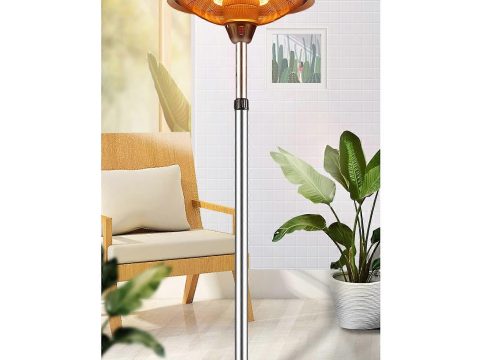 Calefactor de terraza eléctrico de torre 1500W, 110V, acero inoxidable, 3 niveles de potencia, apagado antivuelco