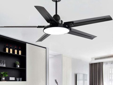 Ventilador de techo moderno de 42 pulgadas con luz y mando a distancia, motor reversible silencioso de 6 velocidades, LED de 3 colores – Negro