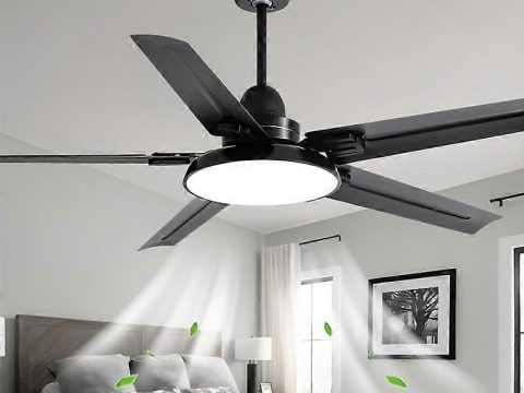 Ventilador de techo grande de 52 pulgadas con luz y mando a distancia, reversible, 6 velocidades, diseño moderno para dormitorio y salón, negro