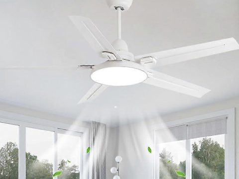 Ventilador de techo moderno de 52 pulgadas con luz LED y mando a distancia, motor reversible de 6 velocidades, diseño silencioso de 3 colores para dormitorio y salón, blanco