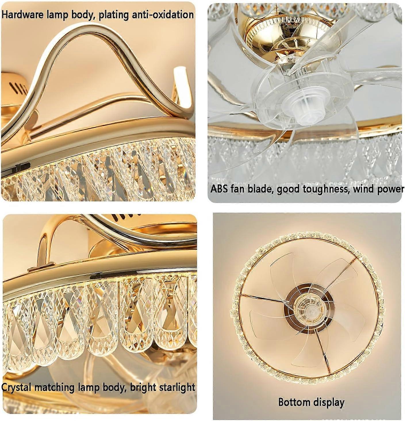 Ventilador de techo de cristal con luz, diseño de lámpara de araña empotrada, mando a distancia, LED de 3 colores, 6 velocidades - Imagen 2