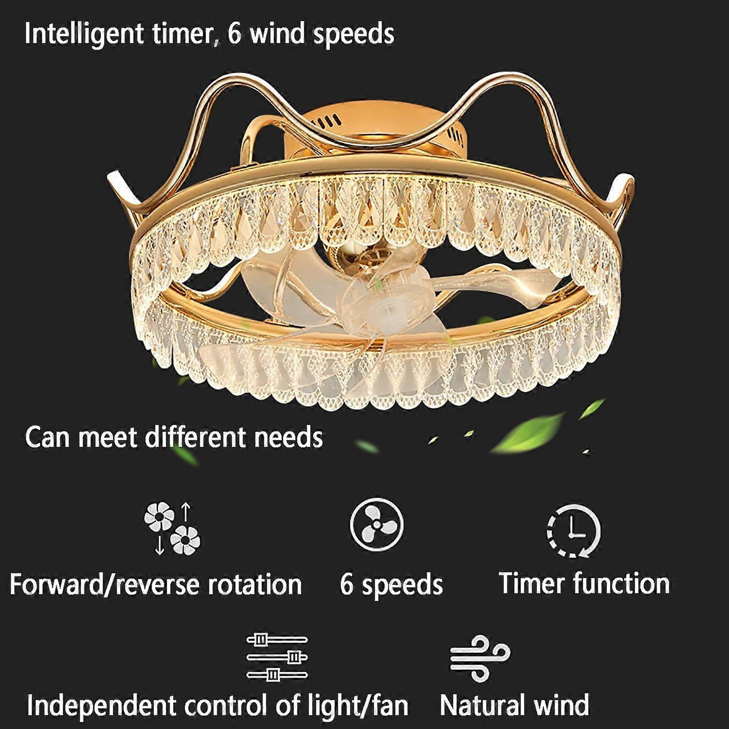 Ventilador de techo de cristal con luz, diseño de lámpara de araña empotrada, mando a distancia, LED de 3 colores, 6 velocidades - Imagen 3