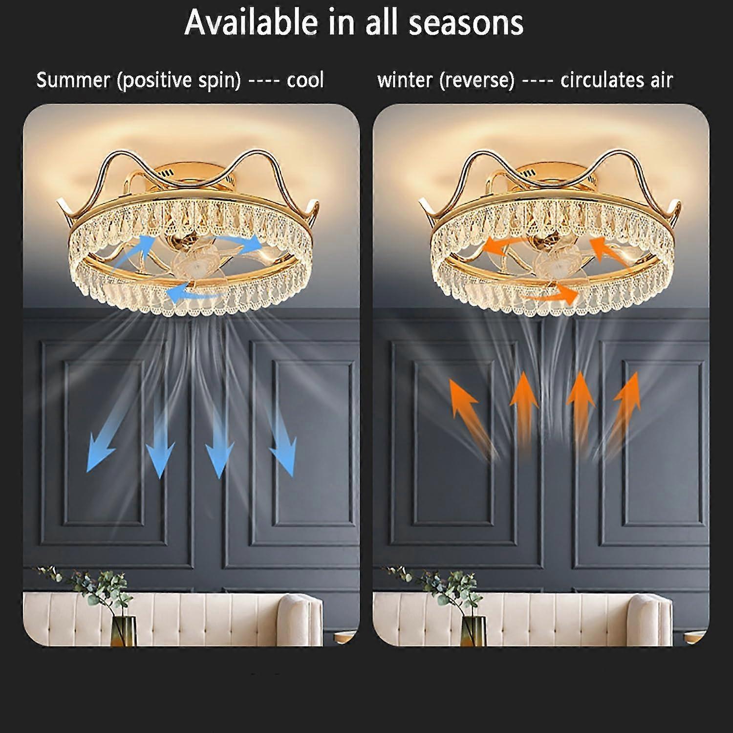 Ventilador de techo de cristal con luz, diseño de lámpara de araña empotrada, mando a distancia, LED de 3 colores, 6 velocidades - Imagen 4