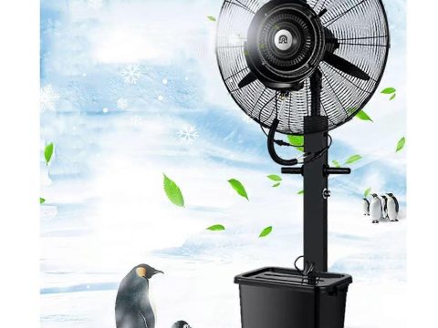 Ventilador nebulizador de exterior de 75 cm con 3 velocidades de refrigeración regulables, de pie, ideal para terraza y jardín.