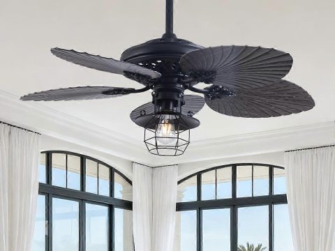 Ventilador de techo de 52 pulgadas con hojas de palmera tropical, luz LED y mando a distancia, motor de CC reversible y silencioso para interior y patio exterior