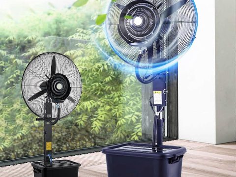 Ventilador nebulizador de pie para exterior de 56 cm (22 pulgadas) con depósito de agua de 42 litros (11 galones), 3 velocidades, amplio ángulo de ventilación, ideal para terraza e invernadero.