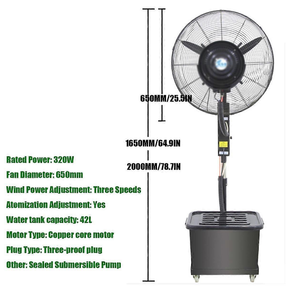 Ventilador de pie nebulizador para exterior de 26 pulgadas, ventilador de refrigeración industrial estanco con altura regulable y 3 velocidades - Imagen 2