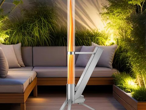 Calefactor de exterior de pellets de acero inoxidable con tubo de vidrio de 100 x 8 cm, llama visible, columna decorativa