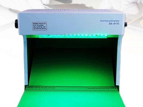 Banco de aire limpio con campana de flujo laminar, banco de trabajo para polvo, mesa portátil, dos ventiladores, filtro HEPA, para teléfono.