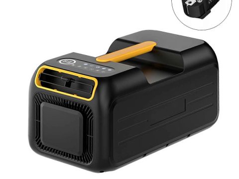 Aire acondicionado portátil 2 en 1 con soplador de aire caliente y deshumidificador, diseñado para uso interior y exterior, negro y amarillo.