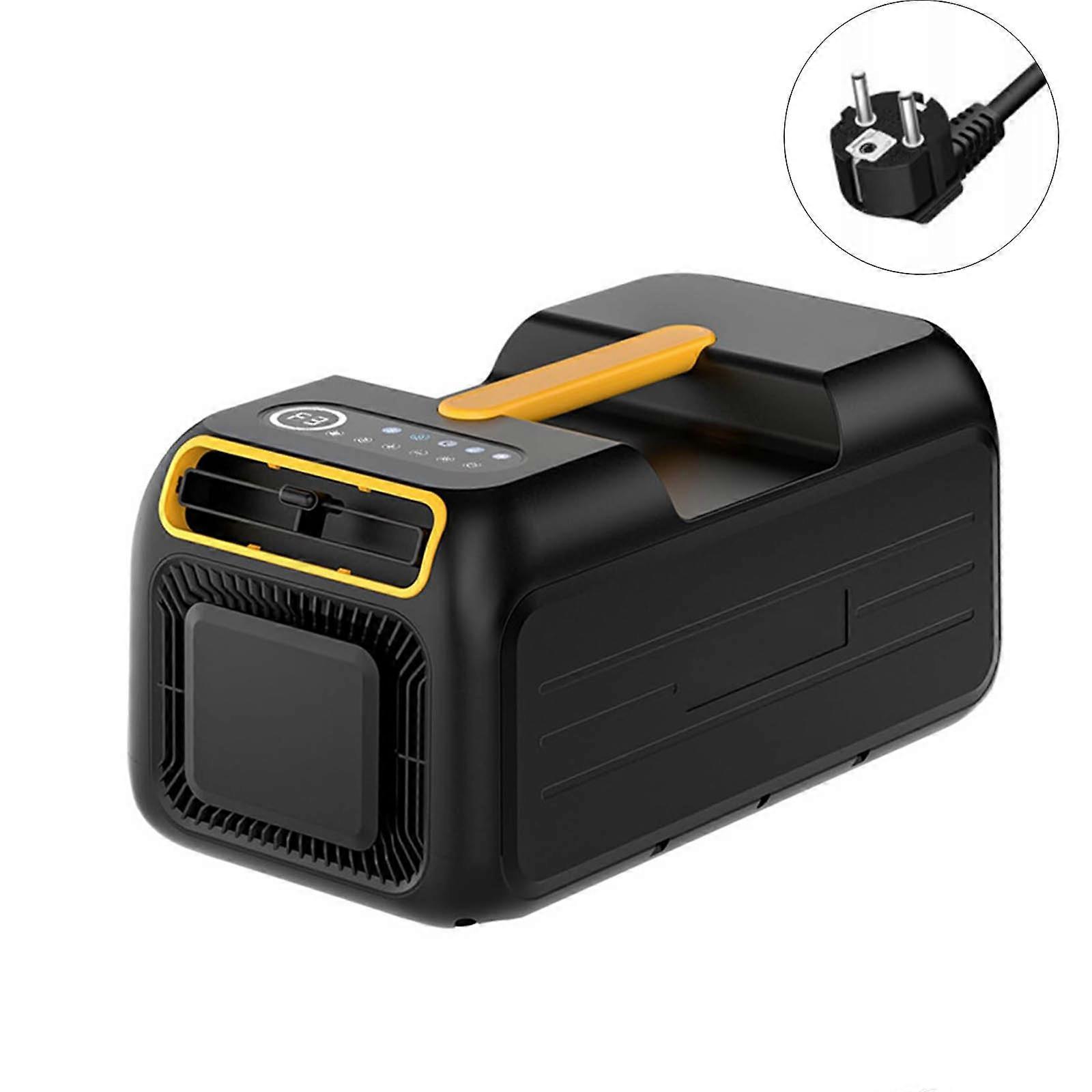 Aire acondicionado portátil 2 en 1 con soplador de aire caliente y deshumidificador, diseñado para uso interior y exterior, negro y amarillo.