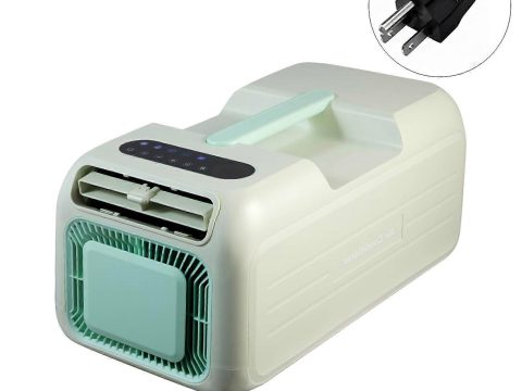 Unidad móvil de calefacción y aire acondicionado 110 V, utilizable en todas las estaciones, ideal para camping y para el hogar. Apagado automático para mayor seguridad. Color: blanco y verde.