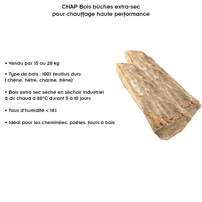 CHAP Troncos de leña extrasecos para calefacción de alto rendimiento 25 cm 15 kg - Imagen 2