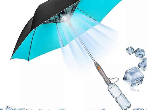 Paraguas 3 en 1 refrescante con ventilador y pulverizador, sombrilla con protección UV recargable para exteriores y viajes. (Batería, 23 pulg.) 2025