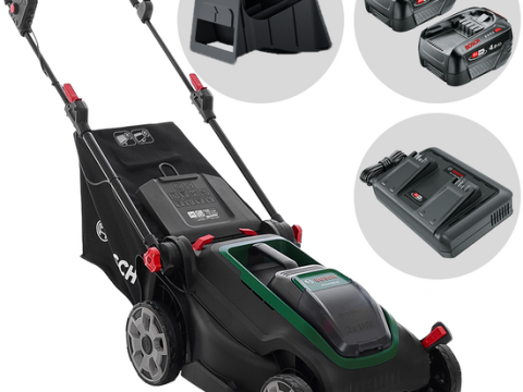 Bosch Rotak18V2-43 – Cortacésped inalámbrico – 2X18 V/4 Ah – Anchura de corte 43 cm