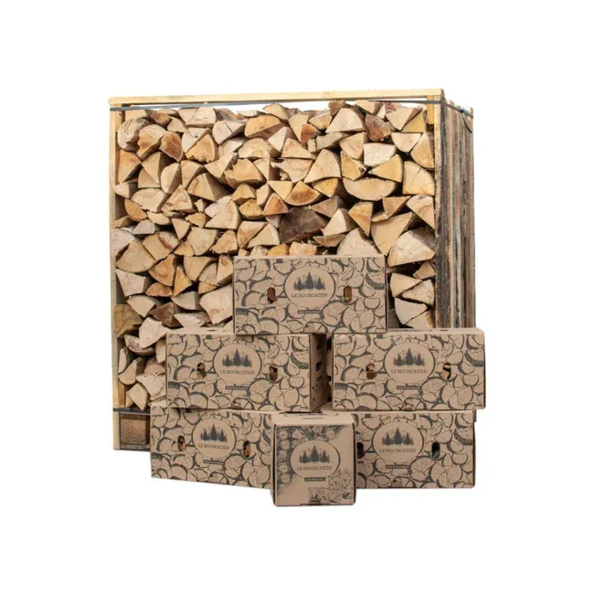 BOX DE 1,5 ESTÉREOS DE 30CM DE LEÑA SECA CON 5 CAJAS DE ASTILLAS PARA ENCENDIDO / 1 CAJA DE 2KG DE PASTILLAS DE ENCENDIDO