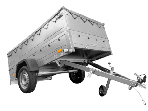 GRAN REMOLQUE 230X125 CON LONA PLANA GRIS, SUPLEMENTOS DE LATERALES Y RUEDA JOCKEY – GARDEN TRAILER 230 KIPP
