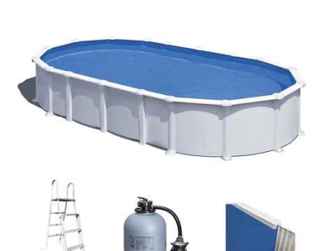 Gre Haiti ovalada 730 x 375 x 132 cm – Piscina elevada de acero – Travesaños enterrados