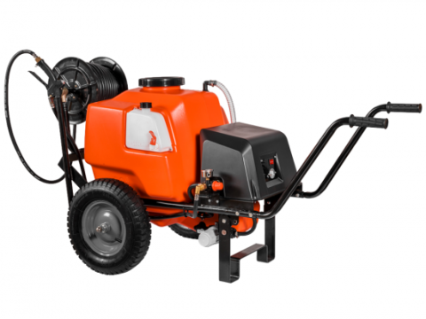 Bomba de pulverización a batería Stocker 12V de 100 l art. 304 – Bomba de pulverización eléctrica sobre carro con barra de pulverización y gancho de enganche