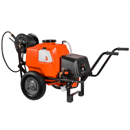 Bomba de pulverización a batería Stocker 12V de 80 l art. 303 – Bomba de pulverización eléctrica sobre carro con barra de pulverización y gancho de enganche