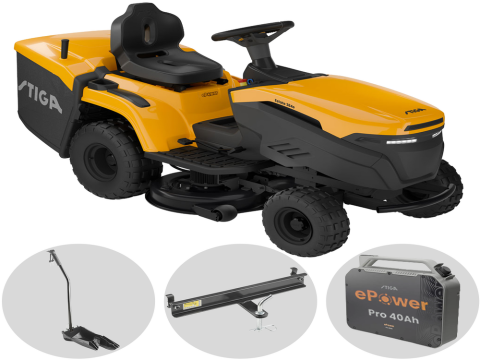 Stiga Estate 384e – Kit tractor cortacésped con 1 módulo de batería ePower Pro de 56V/40Ah – Recogedor y mulching